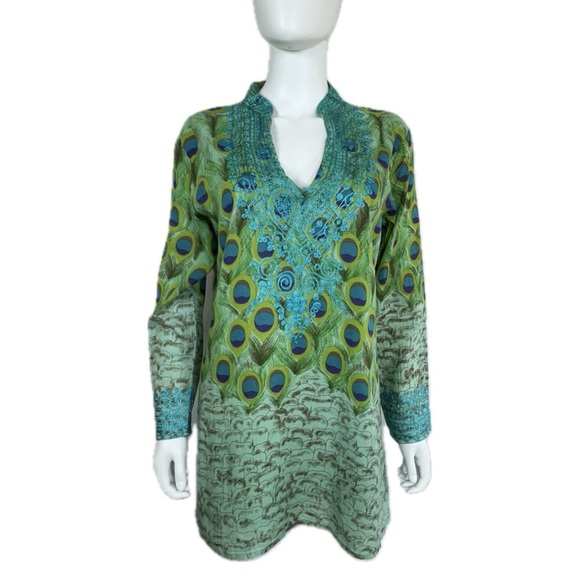 Sol Royal Peacock Embroidered Boho V-Neck Tunic - Picture 1 of 5